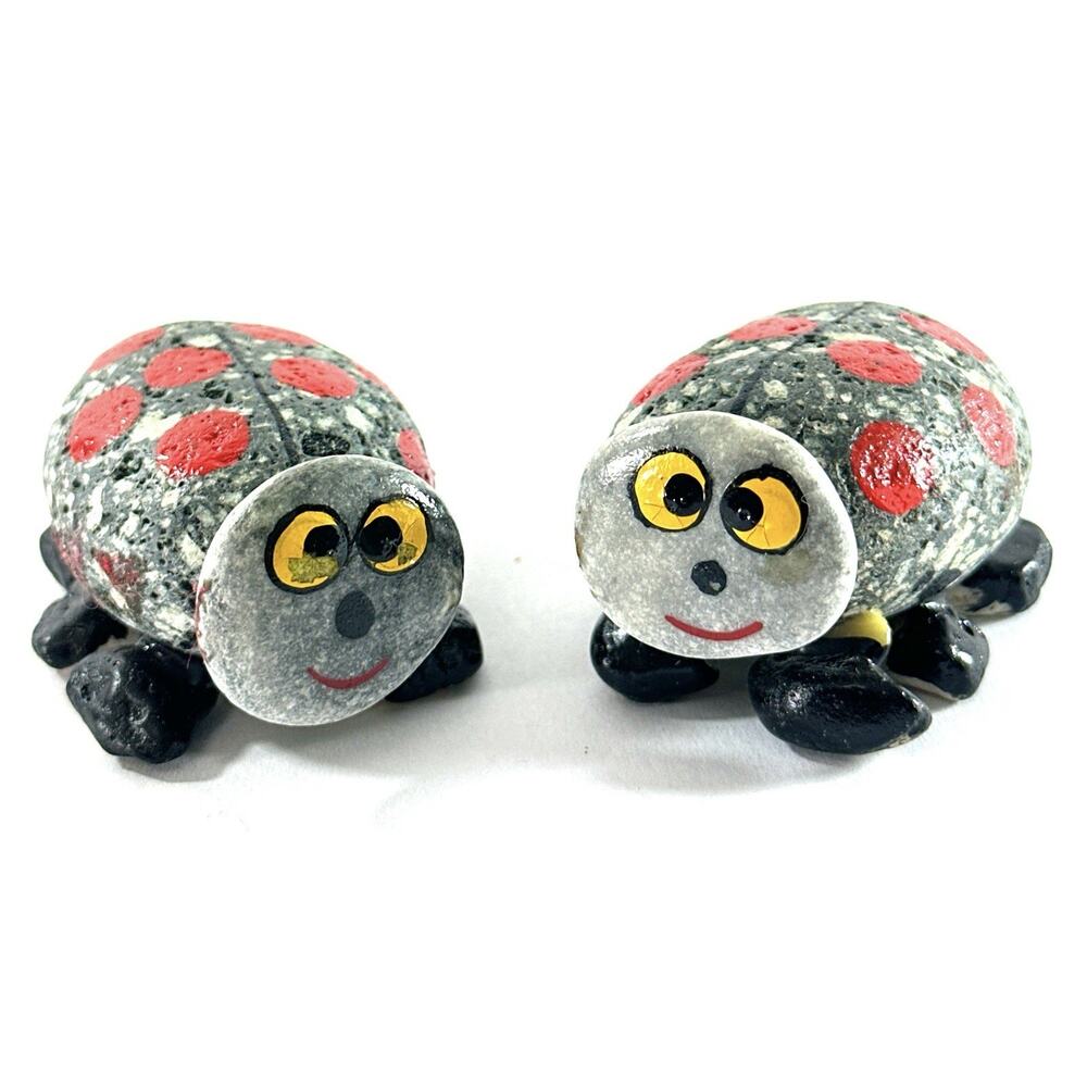 Hand Painted Stone Ladybug Figurines Set of 2 Folk Art Garden Decor 2” - Picture 3 of 8